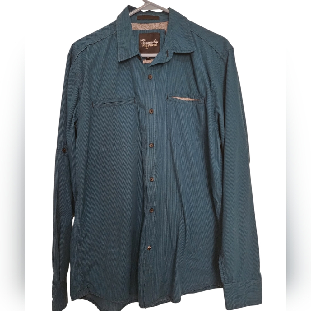 Tranquility Mayhem Green Teal Striped Button Front Shirt SZ Med